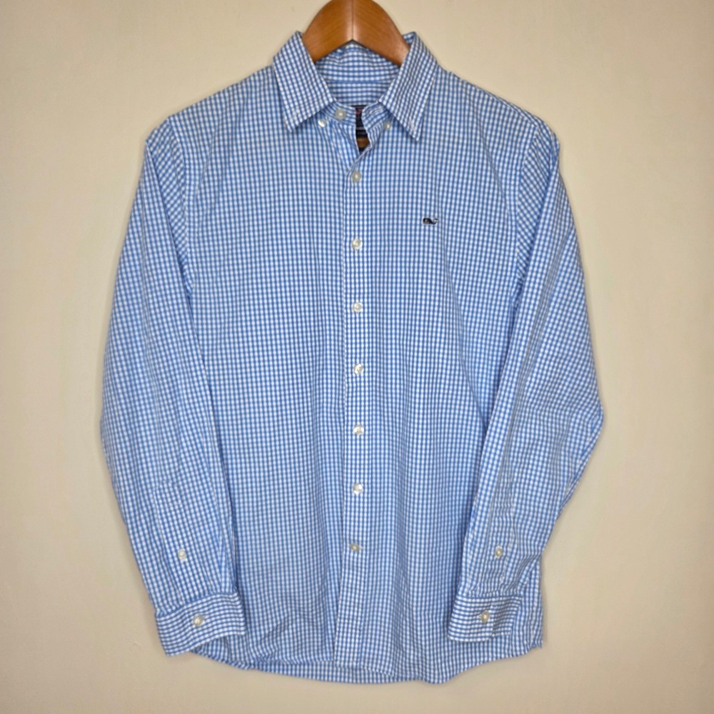Vineyard Vines Boys Blue White Gingham Whale Shirt Button Down Size L 16